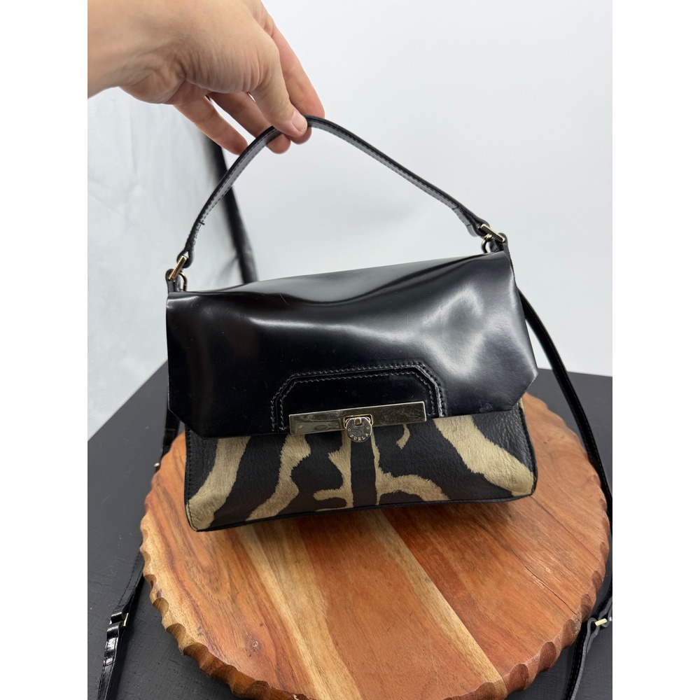 Furla Zebra Print Leather Shoulder Bag Women Small Black Tan Gold